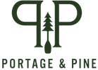Portage & Pine Backcountry Goods logo featuring a dark green stylized 'P' with a pine tree and paddle graphic, above the text 'PORTAGE & PINE' and 'BACKCOUNTRY GOODS' on a white background.
